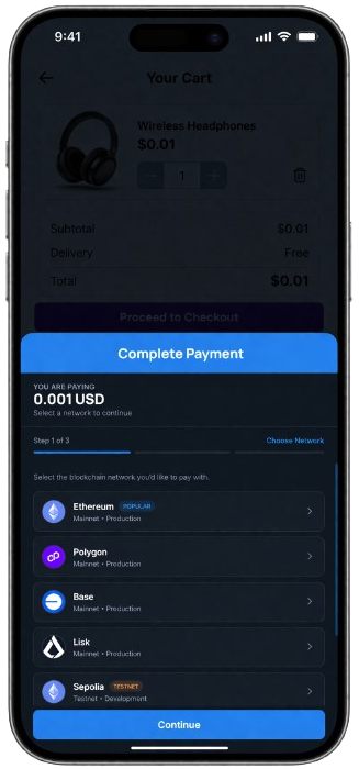 Kwespay crypto checkout — Step 1: choose blockchain network (Ethereum, Base, Polygon, Lisk, Mezo)