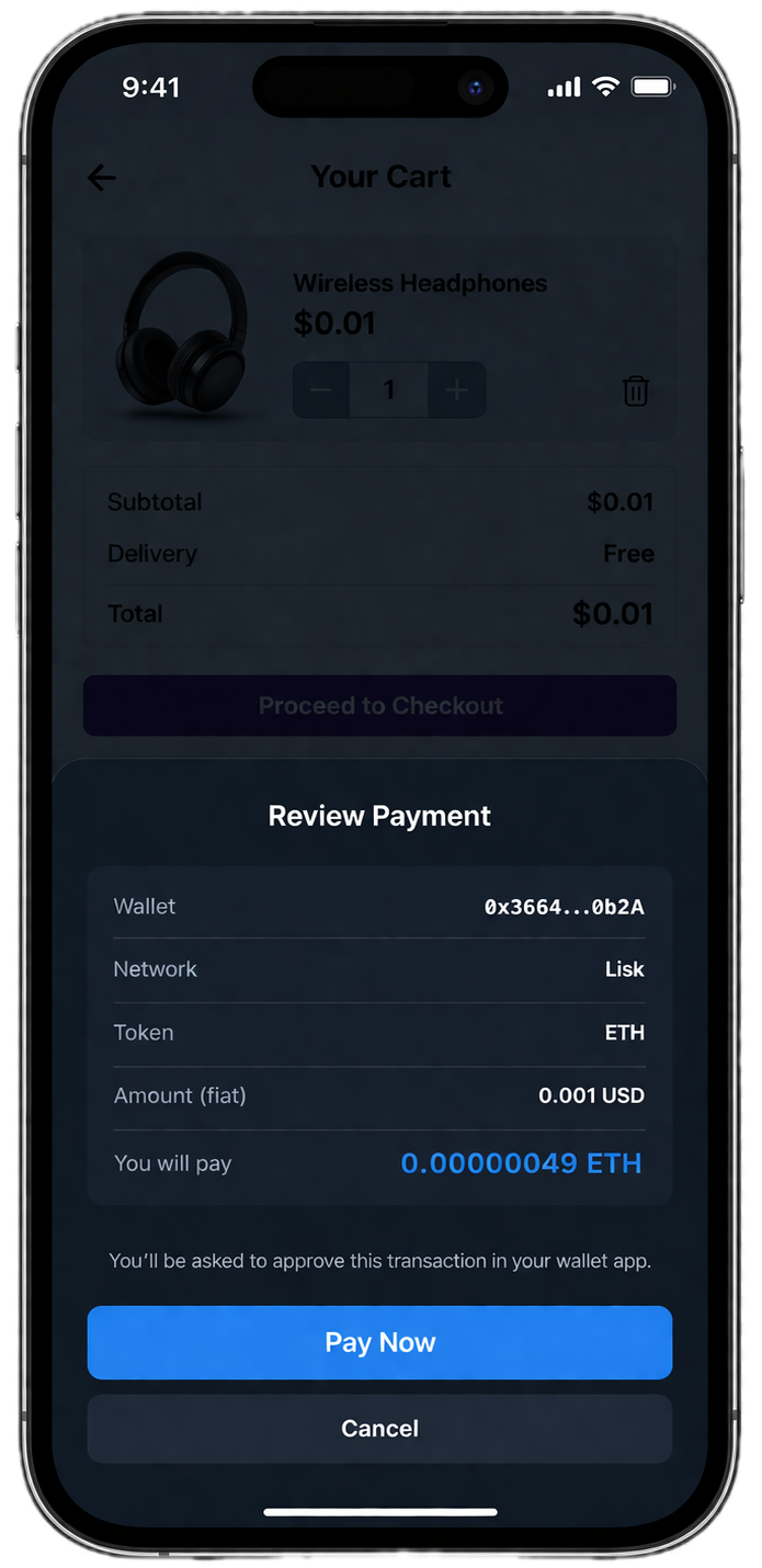 Kwespay crypto checkout — Step 3: review payment details and confirm on-chain settlement