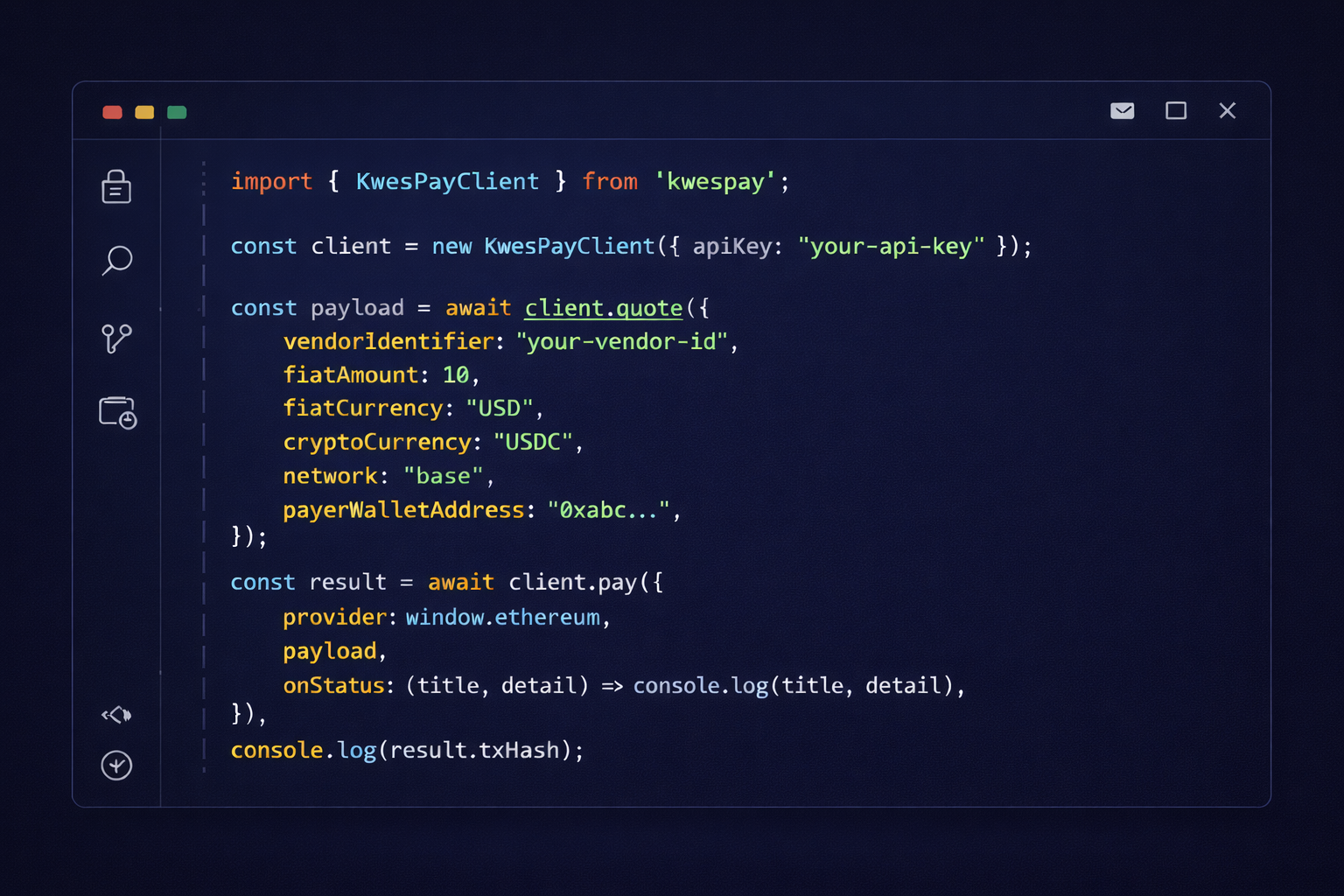 Kwespay TypeScript SDK — client.quote() and client.pay() integration example