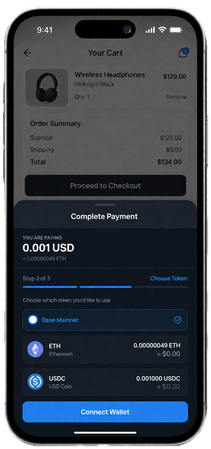 Kwespay crypto checkout — Step 2: select payment token (USDC, USDT, ETH)